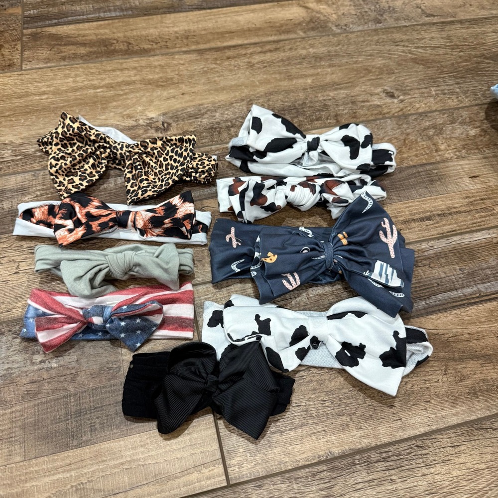 Baby ‎ Headband Bow Set 9 Piece Leopard Cow Print Cactus Flag Black
